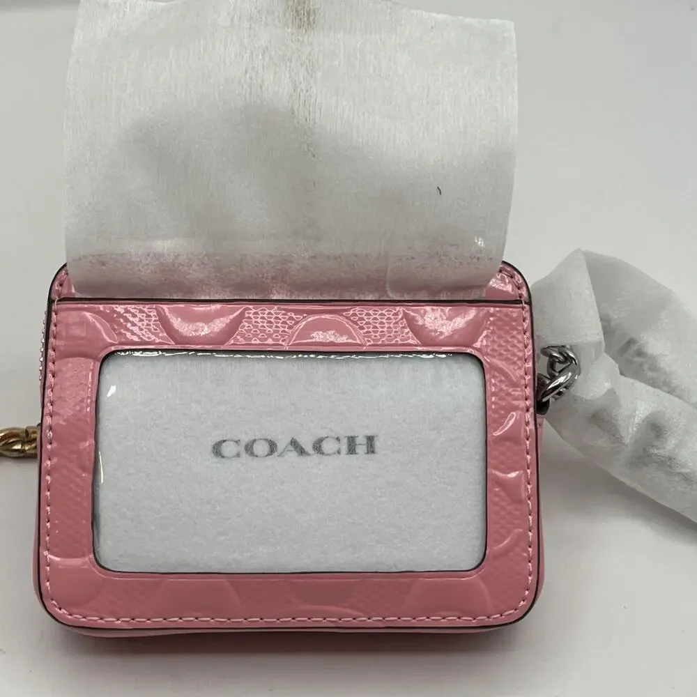 Coach Zip Card Case Wristlet In Signature Patent Leather CDQ15 Bright Pink NWT